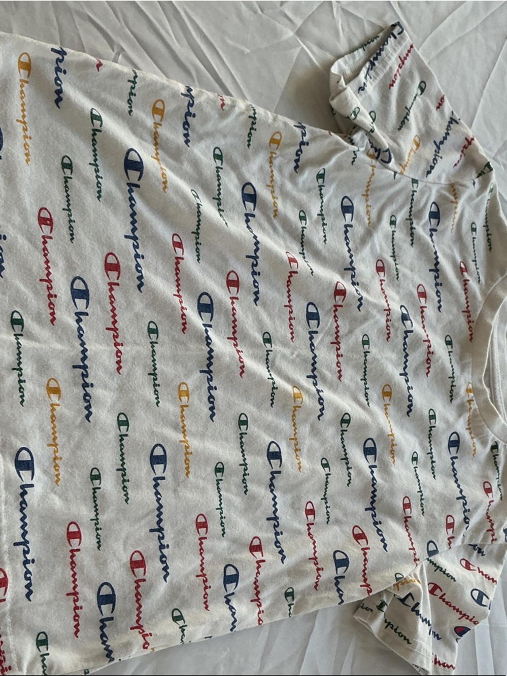 Champion White Tee with Rainbow Script Logos